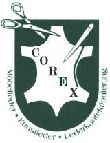 Logo mit Schere, Nadel, Lederumriss und Text "COREX", "Möbelleder • Kunstleder • Lederkonfektionierung".