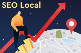 Hombre sobre gráfico ascendente con marcador de ubicación y texto "SEO Local".