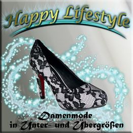 High Heel mit Spitzenmuster und Schriftzug "Damenmode in Unter- und Übergrößen".