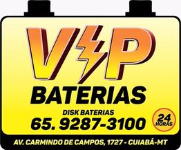 Imagem de anúncio de baterias V&P com telefone e endereço em Cuiabá-MT. Atendimento 24 horas.
