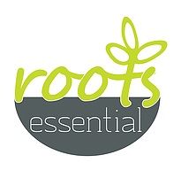 Logo with the text "roots essential" in green and gray, featuring a stylized plant design.