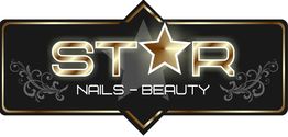 Schwarzes und goldenes Logo mit Schriftzug: "Star Nails - Beauty", verziert mit floralen Motiven.