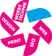 Grafik mit Worten: Design, Werbetechnik, Web, SEO, Print in pinken Formen um eine blaue Spitze.