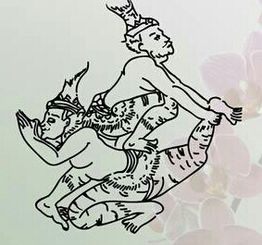Zwei stilisierte Figuren in traditionellen Posen auf einem blass gemusterten Hintergrund.