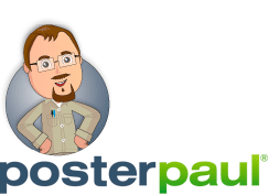 Männliche Cartoonfigur mit Bart, daneben der Schriftzug "posterpaul" in Blau und Grün.