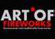 Text: "Art of Fireworks - Pyromusicals und traditionelle Feuerwerke" auf schwarzem Hintergrund.