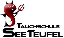 Illustration eines Teufels mit Dreizack und Schriftzug "Tauchschule Seeteufel".