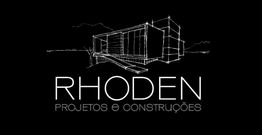 Desenho de edifício moderno com texto: "RHODEN Projetos e Construções" em fundo preto.