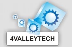 Logo von 4VALLEYTECH mit Zahnrädern in blauen Würfeln.