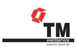 Logo von TM Eventservice mit rotem Symbol und schwarzem Text auf weißem Hintergrund.