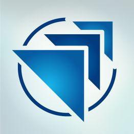 Logo con frecce blu a sinistra e a destra in un cerchio su sfondo sfumato.