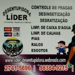 Cartaz de serviços de desentupidora, incluindo controle de pragas e limpeza de esgotos.