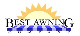 Logo of Best Awning Company with a sun over a blue and white striped awning.