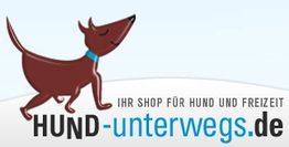 Gezeichnete Hundegrafik mit Text: "Ihr Shop für Hund und Freizeit, hund-unterwegs.de".