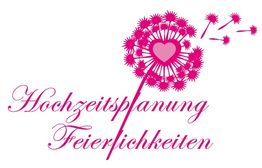 Grafik mit rosa Pusteblume und Herz. Text: "Hochzeitsplanung Feierlichkeiten".