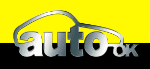 Logo mit der Aufschrift "auto ok" vor gelbem und schwarzem Hintergrund. Silberner Autoumriss.