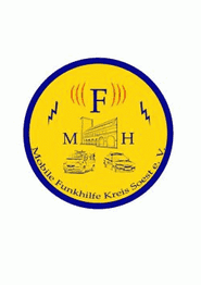 Gelbes Logo der Mobilen Funkhilfe Kreis Soest e.V. mit Radiosymbolen und Autos.