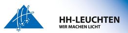 Logo von HH-Leuchten mit blauem Dreieck und Slogan "Wir machen Licht".