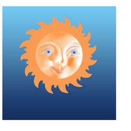 Illustration einer orangefarbenen Sonne mit Gesicht auf blauem Hintergrund.