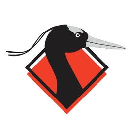 Logo mit schwarz-weißem Vogelkopf vor rotem Quadrat, stilisiert und grafisch dargestellt.