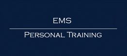 Text: "EMS Personal Training" auf dunkelblauem Hintergrund in weißen Buchstaben.