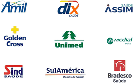 Logos de empresas de planos de saúde: Amil, Dix, Assim, Golden Cross, Unimed, Medial, Sind, SulAmérica, Bradesco.