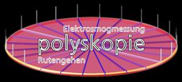 Rote ovale Grafik mit den Worten: "Elektrosmogmessung, Polyskopie, Rutengehen".