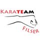 Logo mit einem gezeichneten Arm und rotem Text: "Karateam Filser".