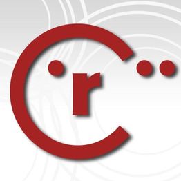 Rotes stilisiertes "Cr" auf grauem Hintergrund mit Kreis- und Punktakzenten.