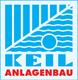 Logo der Firma „Keil Anlagenbau“ mit blauer Linie und Wellen sowie rotem Text.