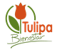 Logo con tulipán rojo y texto: "Tulipa Bienestar" en colores verde y naranja.