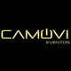Logotipo dorado de "Camovi Eventos" sobre fondo negro.