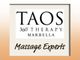 Logotipo de TAOS 360° Therapy Marbella con texto "Massage Experts" en fondo beige.