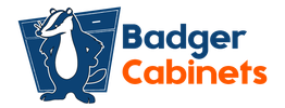 Cartoon badger with text "Badger Cabinets" in bold blue and orange letters.