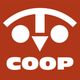 Red background with a white abstract face and the word "COOP" beneath it.