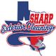Texas-shaped logo with "Sharp Exterior Cleaning" and a person holding a hose.