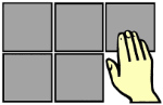 Hand berührt ein graues Viereck in einem Raster aus sechs Vierecken.