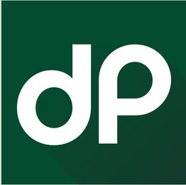Logo mit weißen Buchstaben "dp" auf dunkelgrünem Hintergrund.