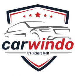 Logo von Carwindo mit Auto-Silhouette, roten Sternen und dem Slogan "UV-sichere Welt".