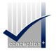 Logo mit dunkelblauem Haken und Schriftzug "conception+" auf grauem Hintergrund mit Streifen.