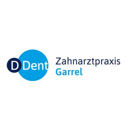 Logo der Zahnarztpraxis Garrel, blauer Kreis mit "D Dent" links.