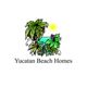 Logo of Yucatan Beach Homes with tropical plants, ocean, and a yellow sun in the background.