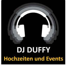 Logo von DJ Duffy mit Kopfhörern und Text: "Hochzeiten und Events" auf schwarzem Hintergrund.