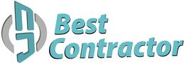 "Best Contractor logo featuring teal text and a circular emblem with stylized letters."