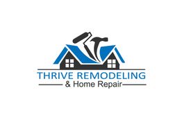 Logo of Thrive Remodeling & Home Repair with a house, paint roller, and hammer design.
