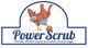 Chicken with scrub gear and "Power Scrub" text; tagline: shines eggs efficiently.