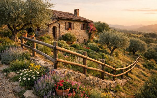 Jardín de una casa tipo cottage en España con una valla de madera que sigue la pendiente del terreno, rodeado de vegetación mediterránea.