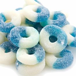 Blue and white sugar-coated gummy rings stacked together.