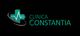 Logotipo de Clínica Constantia, con cruz verde y línea de pulso sobre fondo negro.