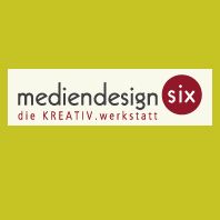 Logo von mediendesign six auf gelbem Hintergrund mit dem Slogan "die KREATIV.werkstatt".